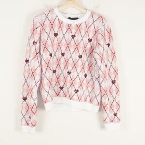 Zara Heart Jacquard Argyle Knit Pink Print Knit Sweater Womens Sz M
